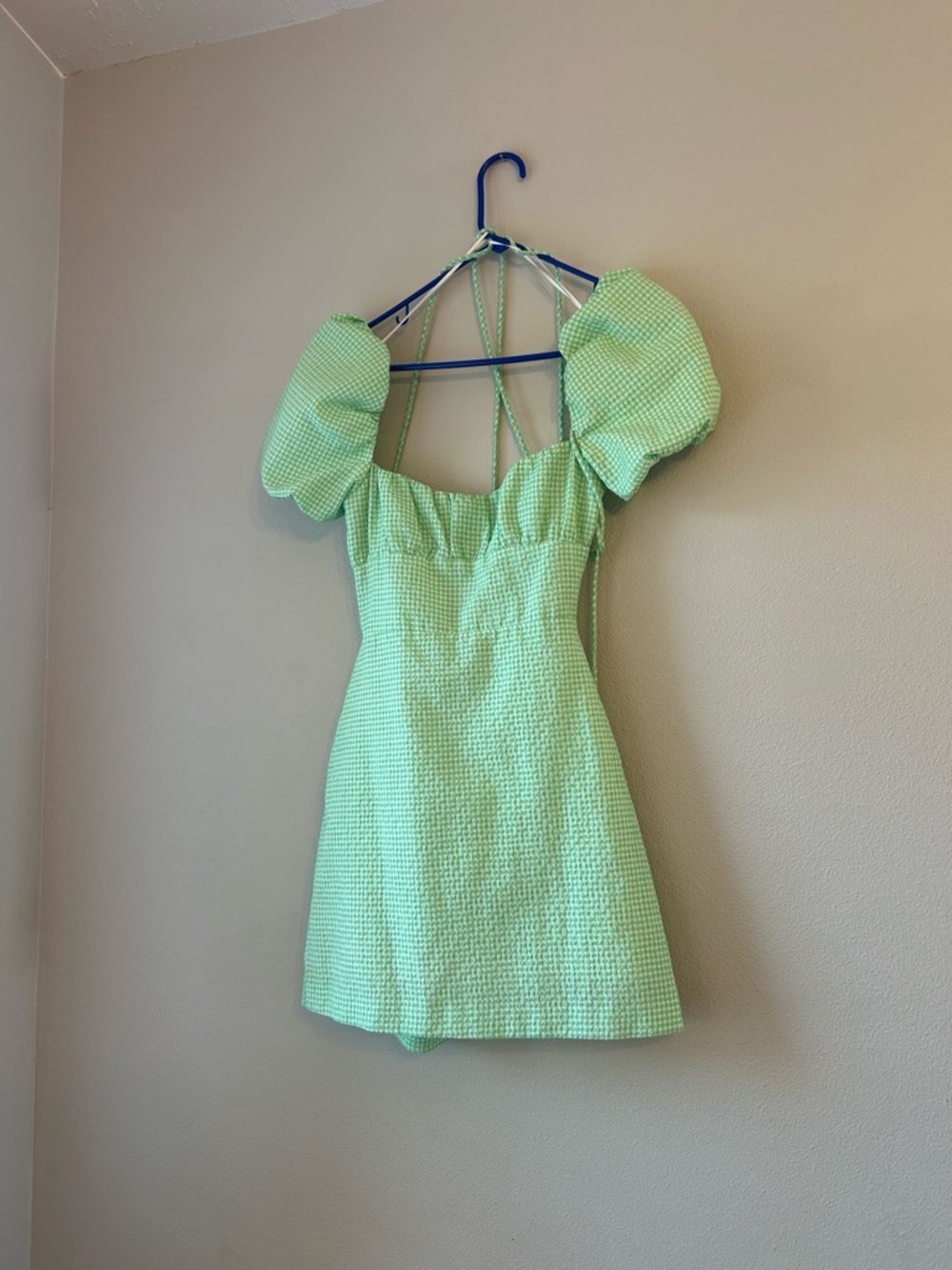 Zara Pastel Green Gingham Puff-Sleeve Mini Dress - Picture 8 of 12